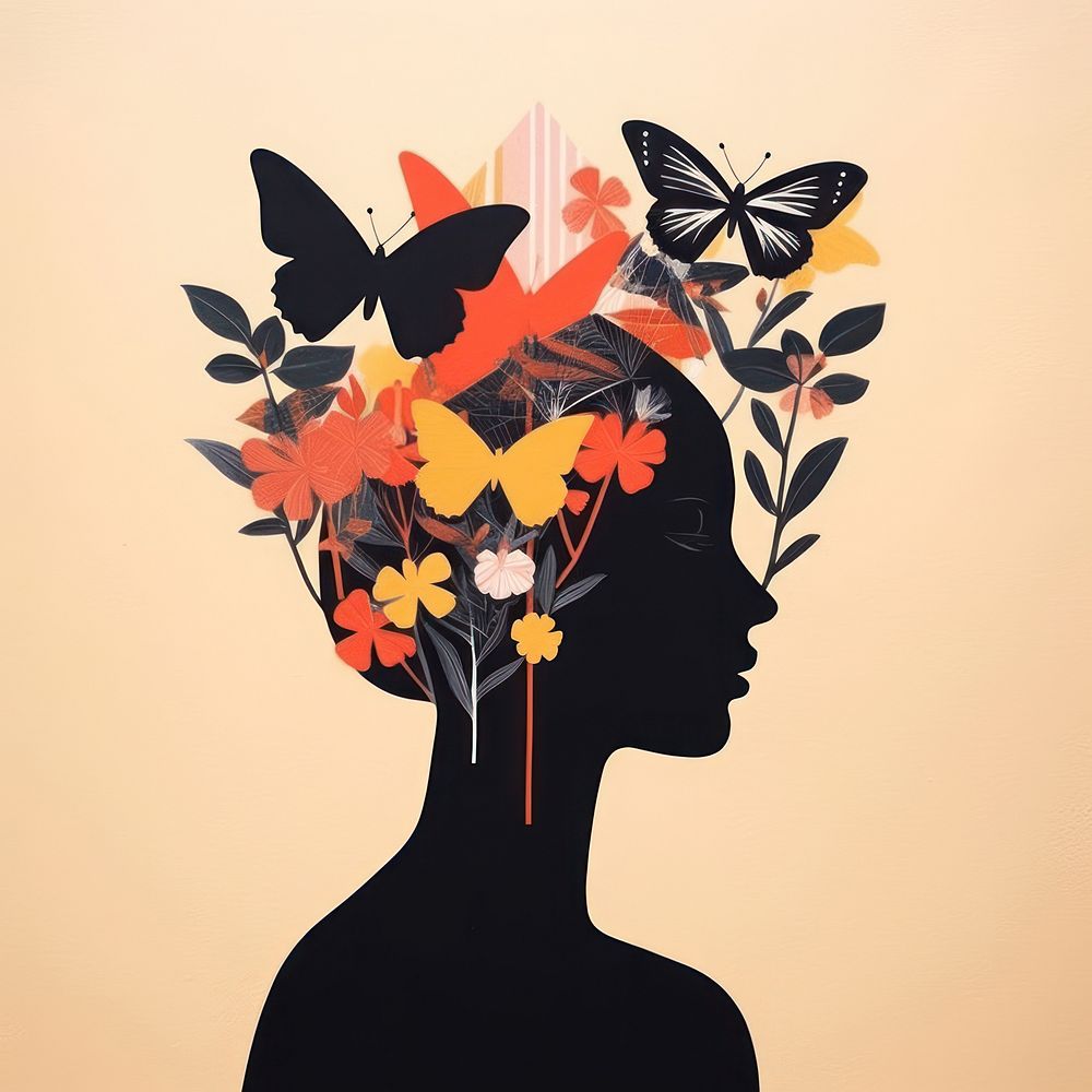 Silhouette shape of a woman with flowers and butterflies art adult plant. AI generated Image by rawpixel.