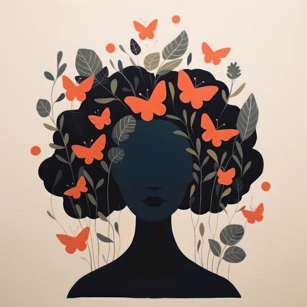 Silhouette shape of a woman with flowers and butterflies art portrait pattern. AI generated Image by rawpixel.