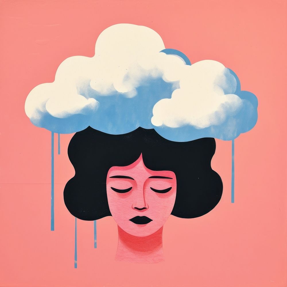 Silhouette shape of a woman with cloud and cloud raining art painting drawing. AI generated Image by rawpixel.