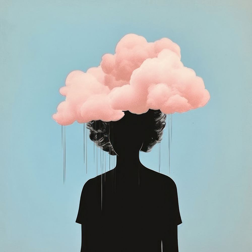 Silhouette shape of a women with a single flower and cloud portrait standing drawing. AI generated Image by rawpixel.
