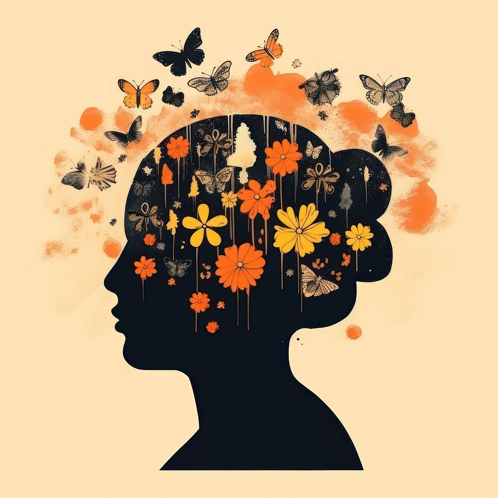 Silhouette shape of a woman with flowers and butterflies art plant creativity. AI generated Image by rawpixel.