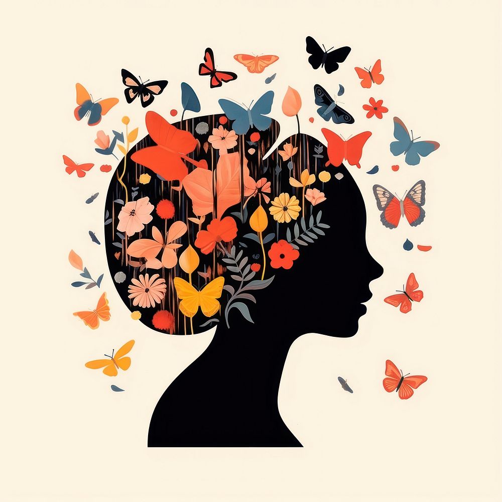 Silhouette shape of a woman with flowers and butterflies art plant paper. AI generated Image by rawpixel.