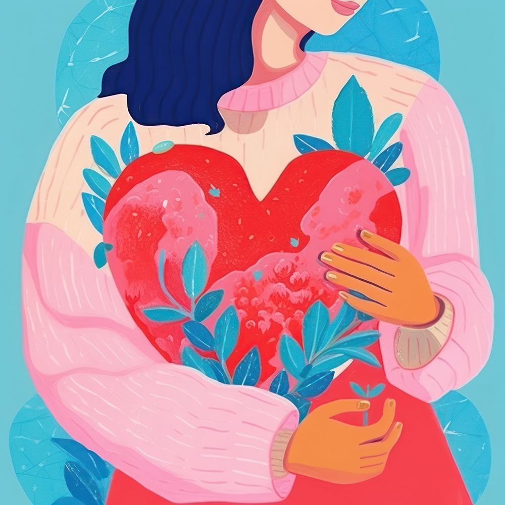 Young woman embraces a big red heart love pink creativity. AI generated Image by rawpixel.