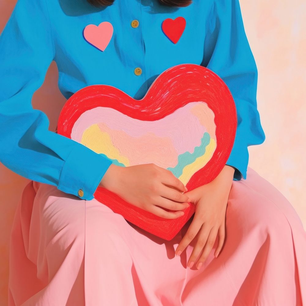 Young woman embraces a big red heart adult blue pink. AI generated Image by rawpixel.