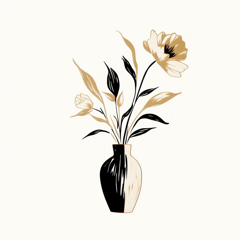 Simple flower vase plant in style Ink brush art white background creativity.