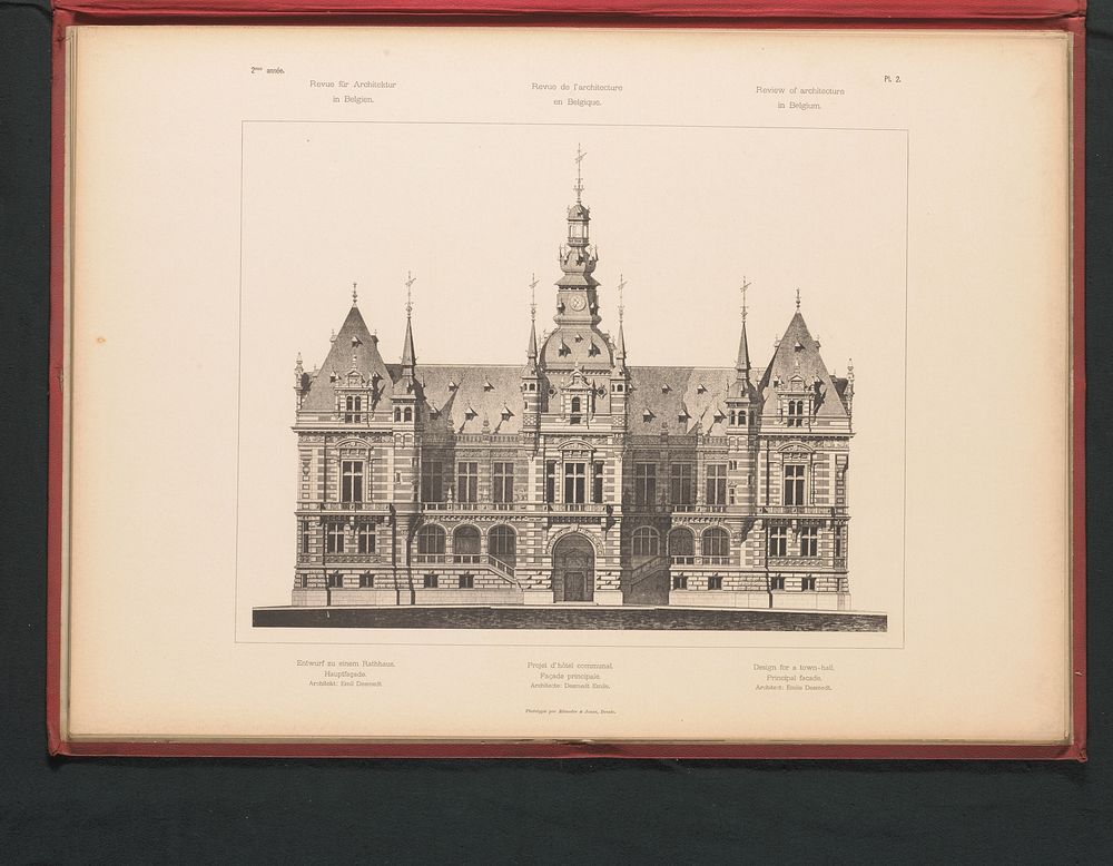 Reproductie van een ontwerp van een vooraanzicht van een stadhuis door Emile Desmedt (c. 1888 - in or before 1893) by…