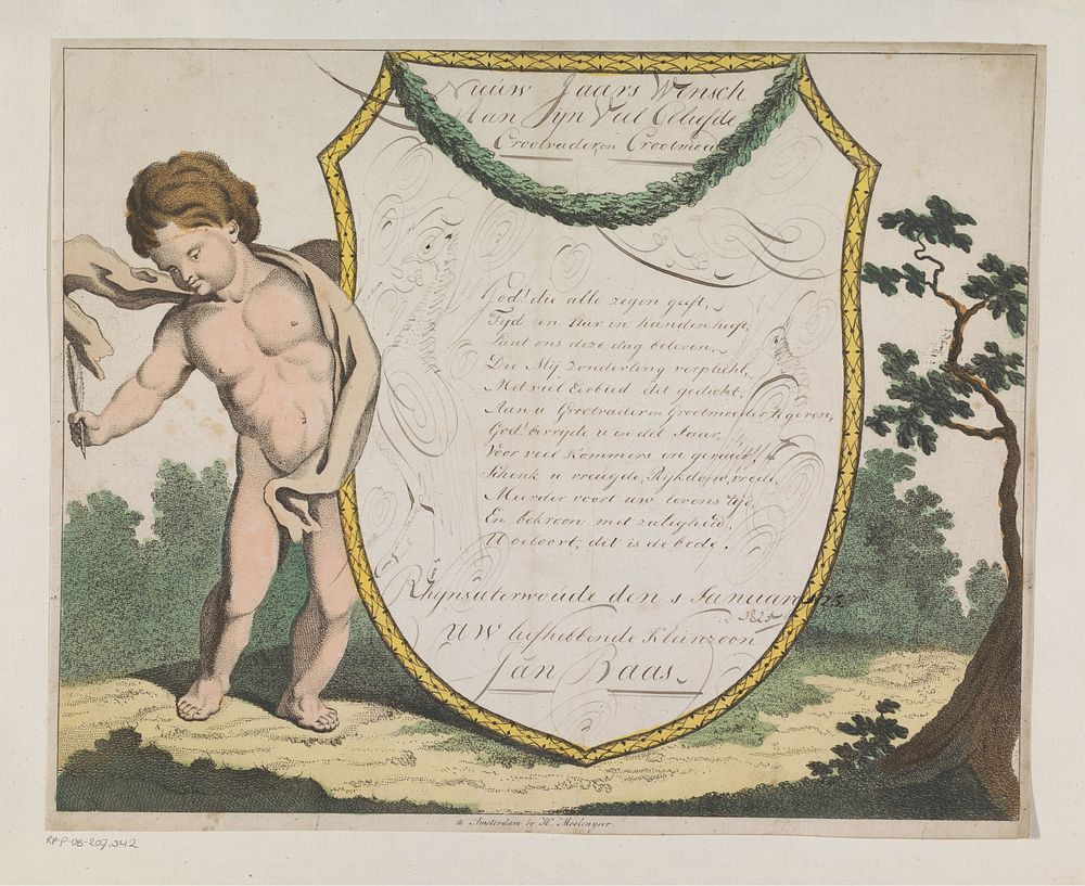 Wensbrief met grote putto met schild (1792 - 1847) by Hendrik Moolenyzer and anonymous