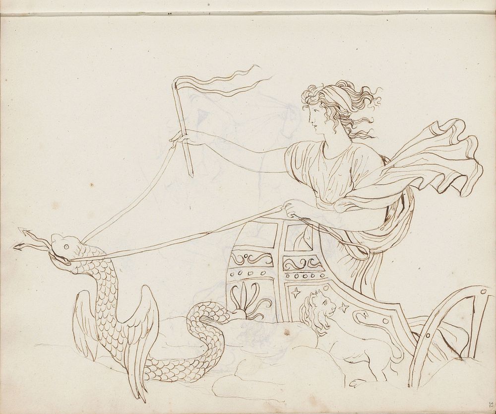 Vrouw in een strijdwagen getrokken door een gevleugelde slang (1813) by Catharina Kemper and jonkvrouw Elisabeth Kemper