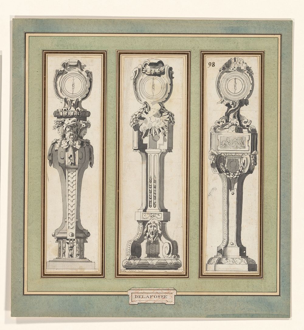 Ontwerp voor de kast van een staand horloge, met drie dolfijnen (c. 1770 - c. 1775) by Jean Charles Delafosse