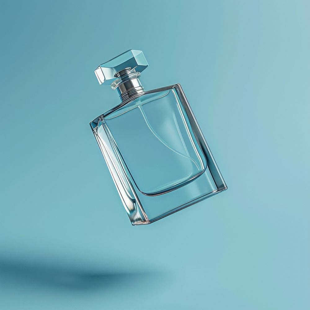 Perfum glass bottle  perfume blue blue background.