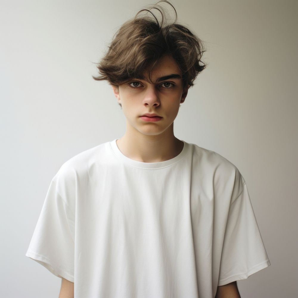A british teenager wear offwhite t shirt portrait t-shirt photo.