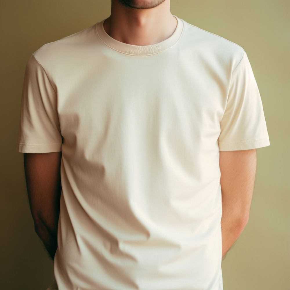 Men wear cream t shirt t-shirt sleeve undershirt.