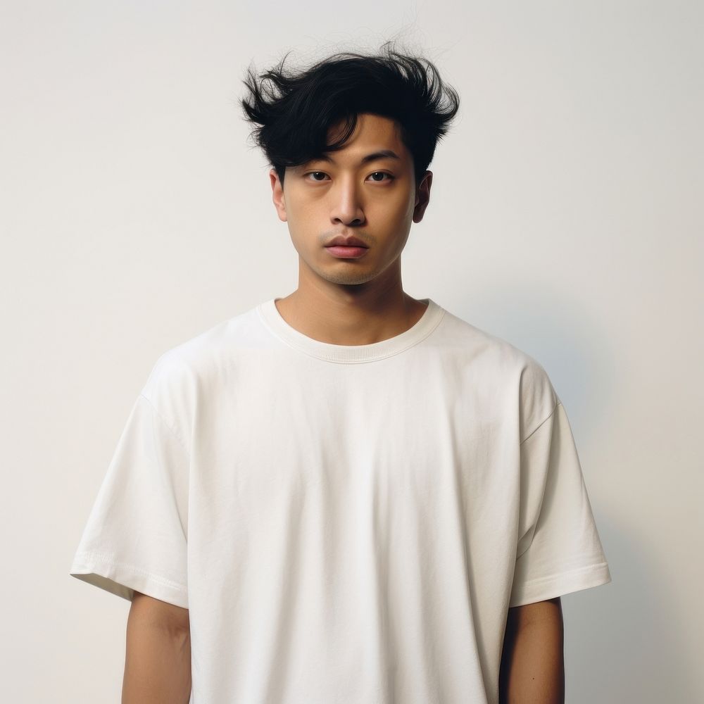 A mixed race japanese man wear offwhite t shirt portrait t-shirt photo.