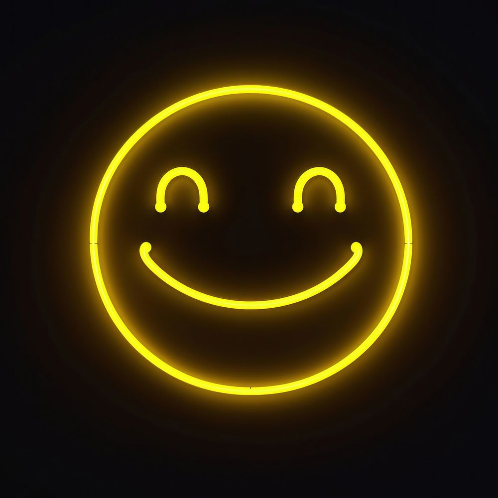 Smile emoji icon neon yellow light.