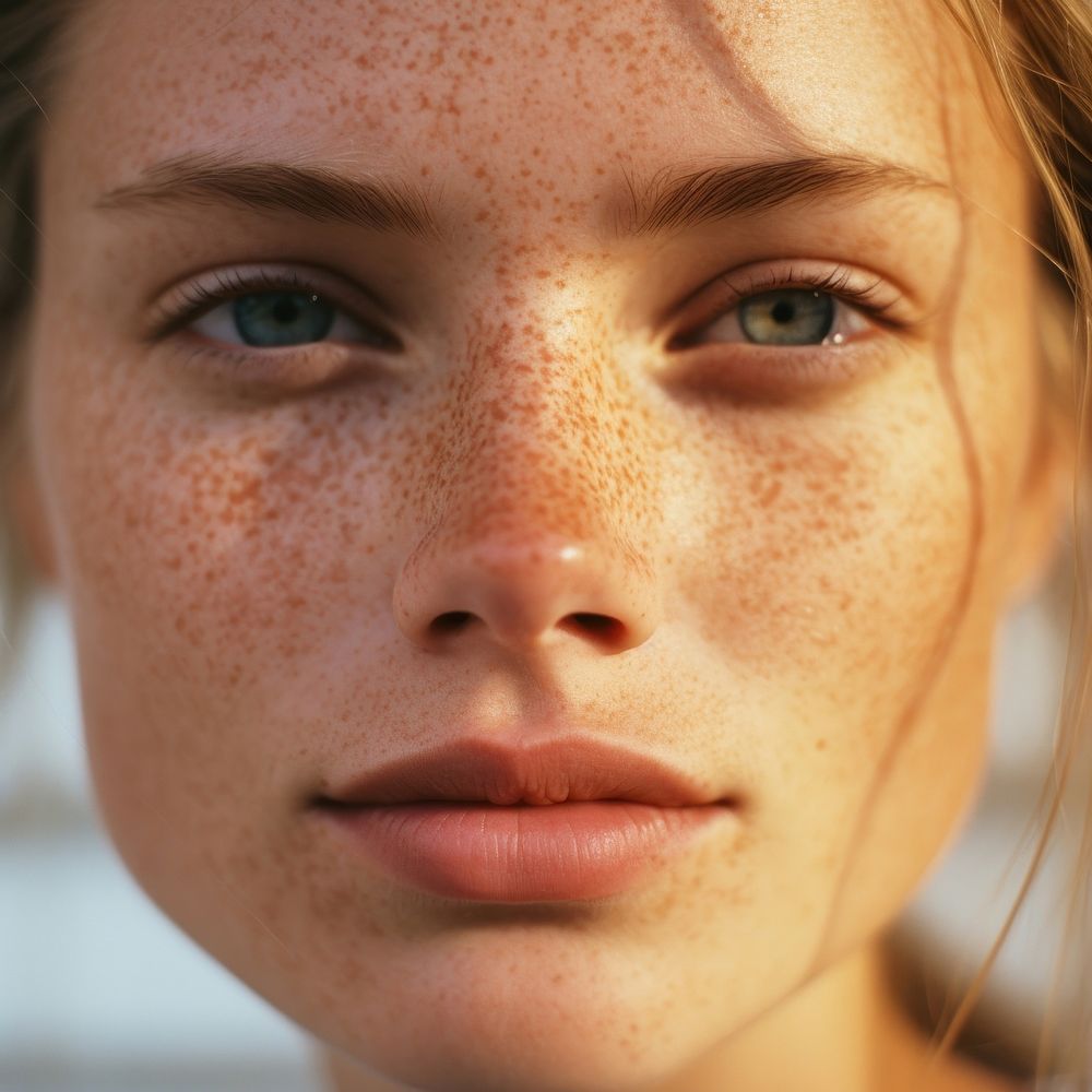 Closeup female face skin freckle hairstyle.