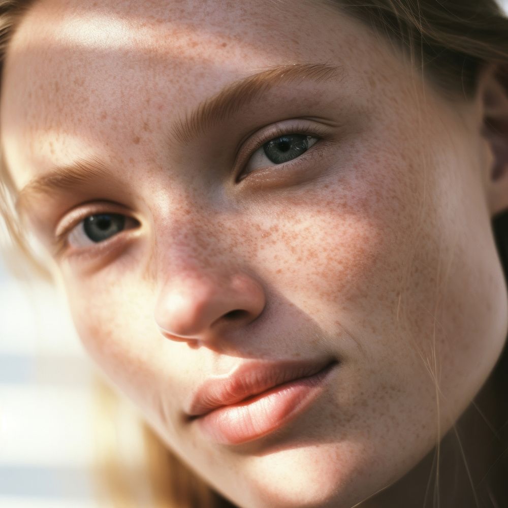 Closeup woman face skin freckle contemplation.