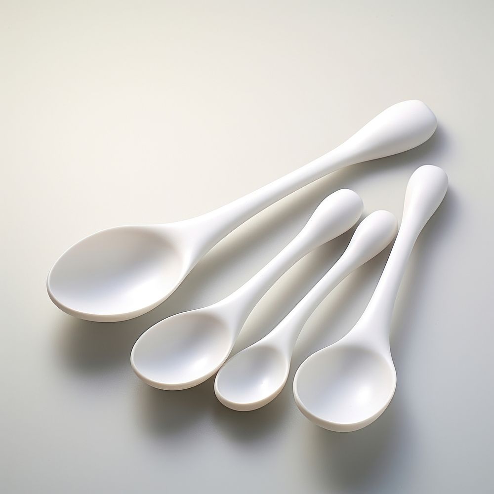 A set of white measuring spoons cutlery.