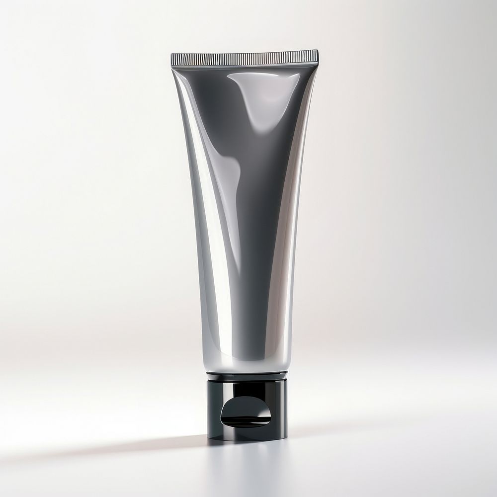 A dark silver cream tube bottle white background aftershave.