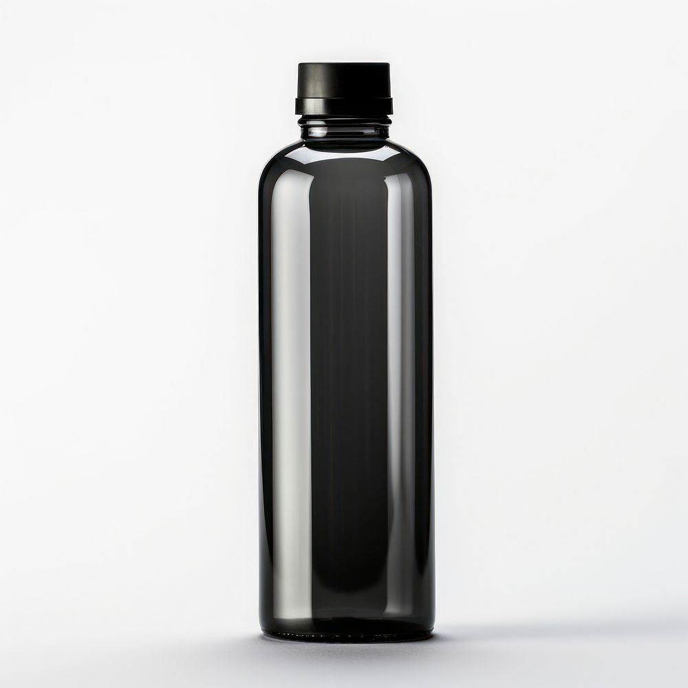 Water bottle in black color white background refreshment drinkware.