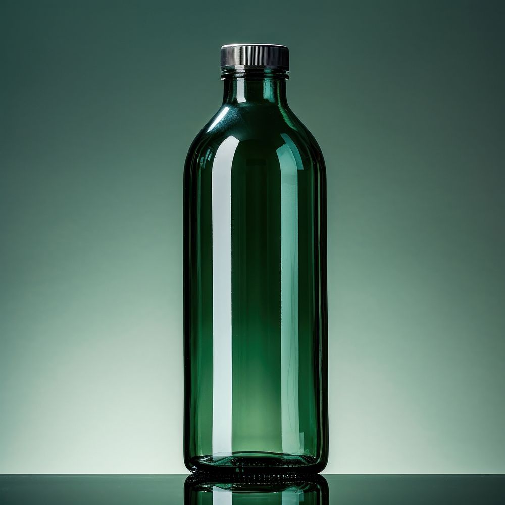 Water bottle in dark green color glass refreshment drinkware.
