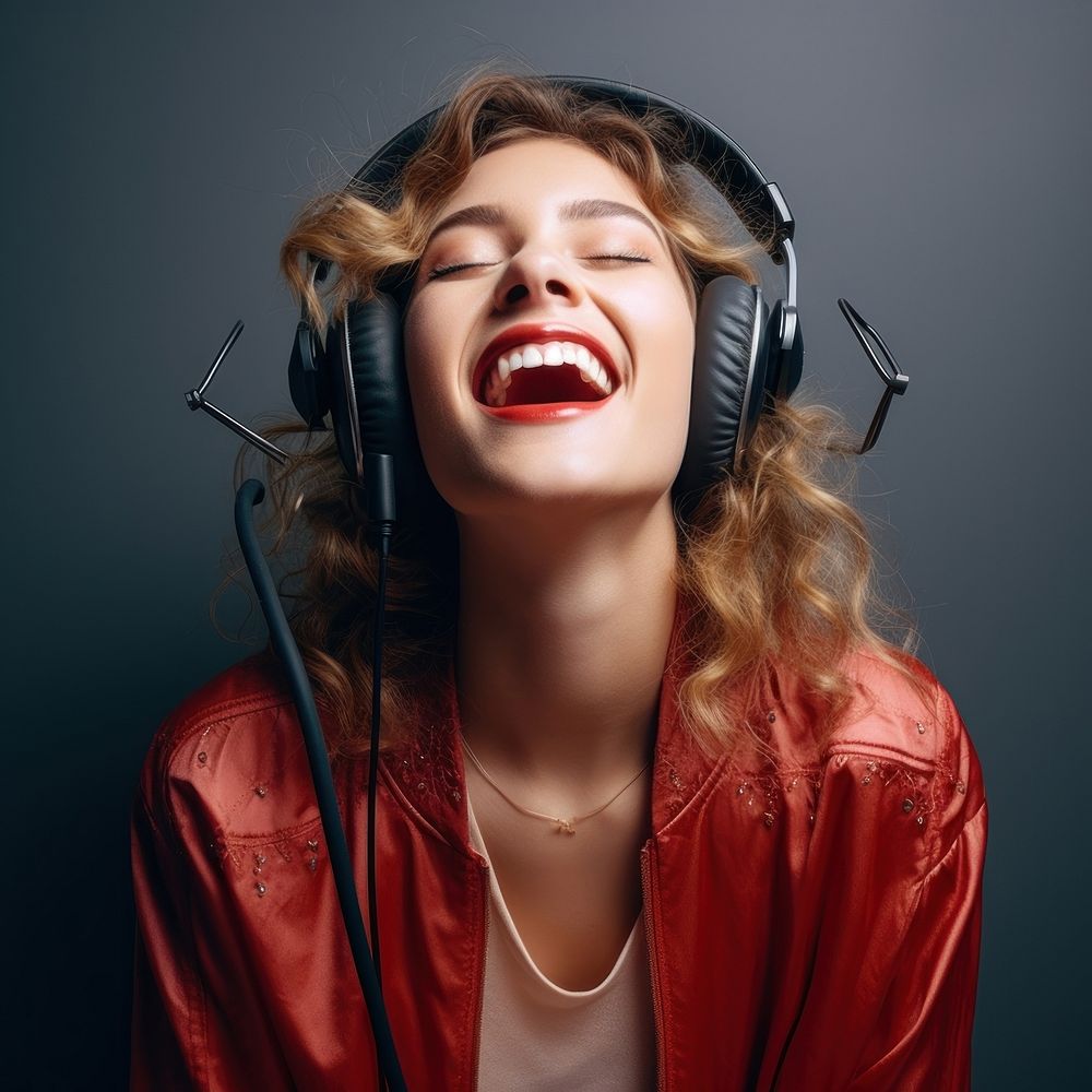 Woman in headphones laughing headset adult. AI generated Image by rawpixel.