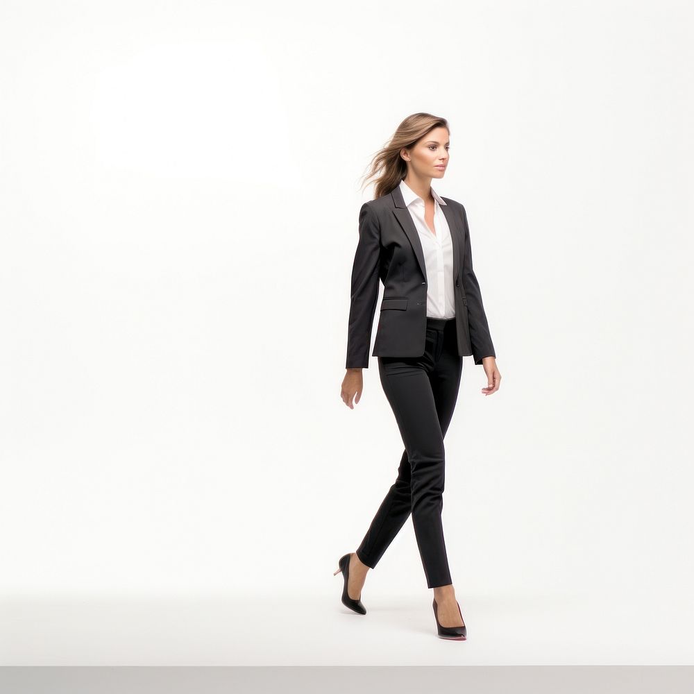 A bussiness woman walking blazer white background studio shot.