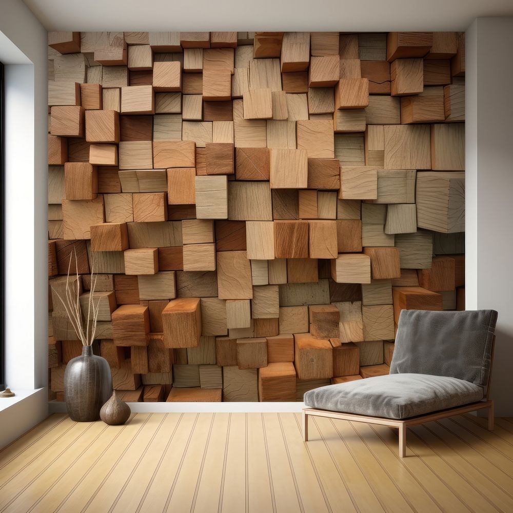 Wallpaper with wood architecture furniture chair. AI generated Image by rawpixel.