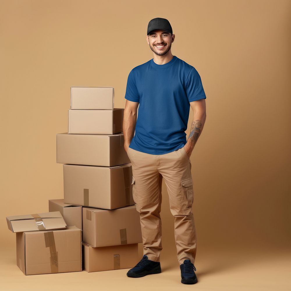 Delivery man with stack of parcel boxes