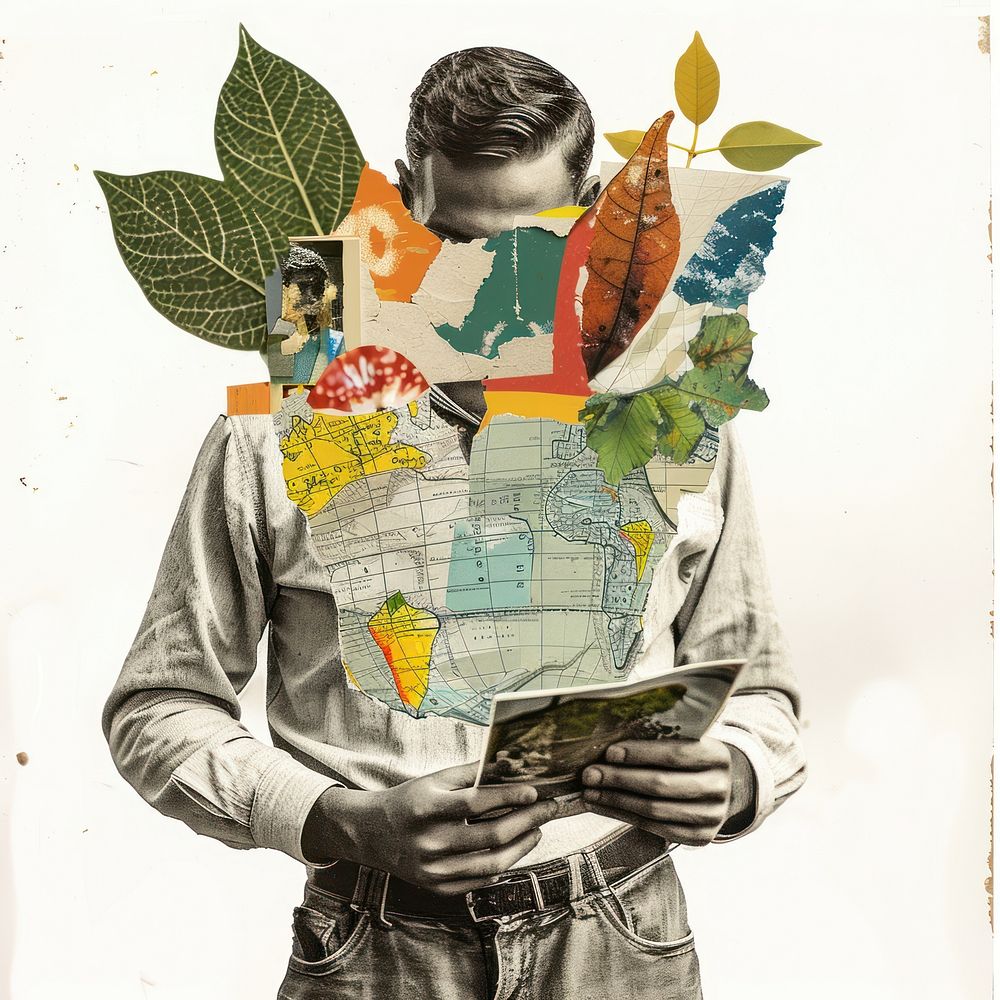 Paper collage of man holding map leaf art portrait.