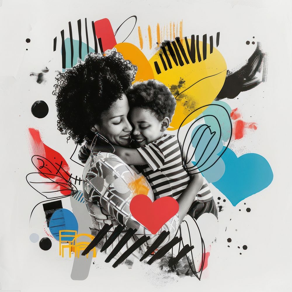 Mom hugging son collaged art advertisement togetherness.