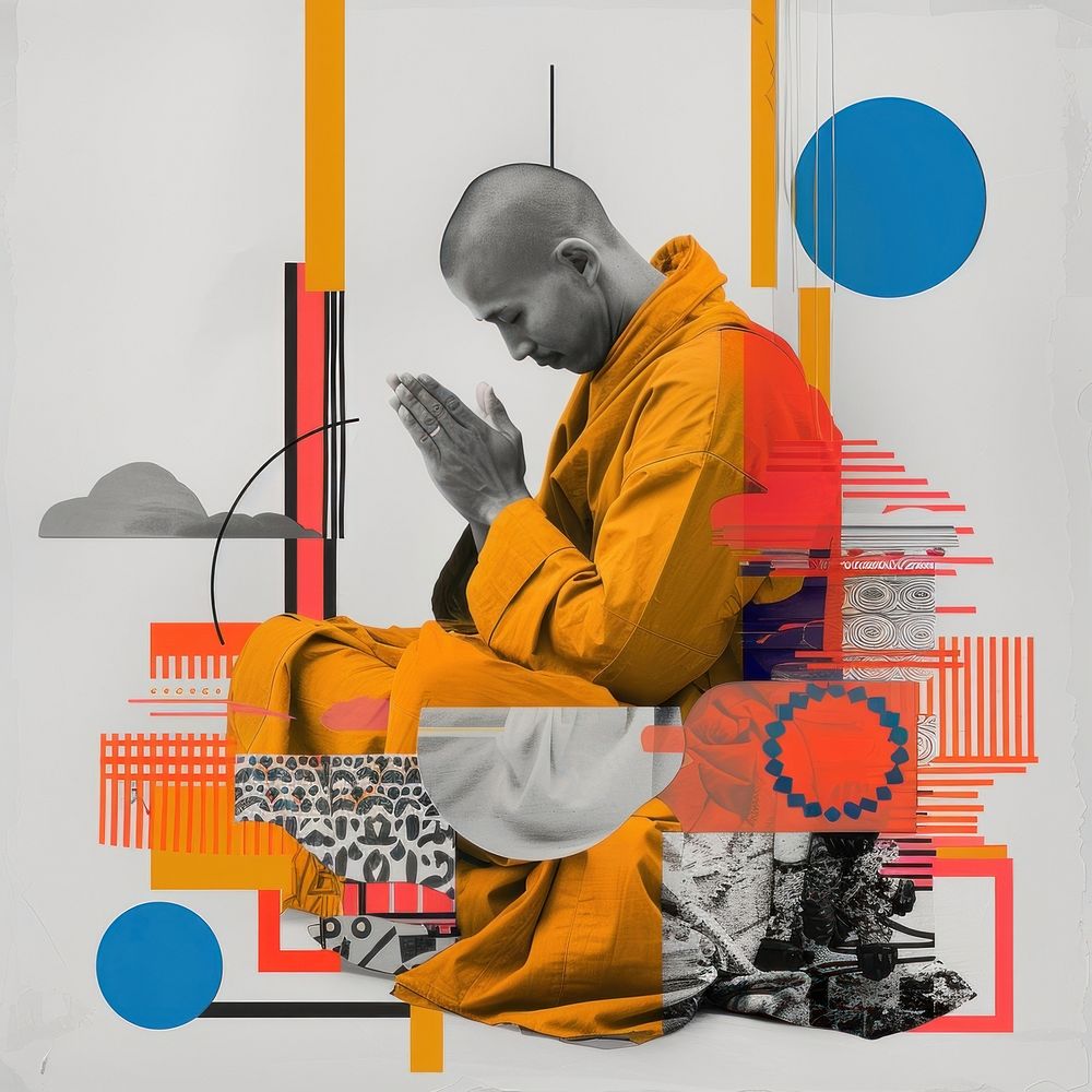 Paper collage of monk praying art adult spirituality.