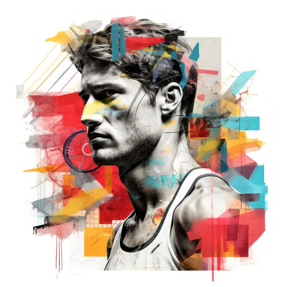Paper collage of athlete art portrait painting.