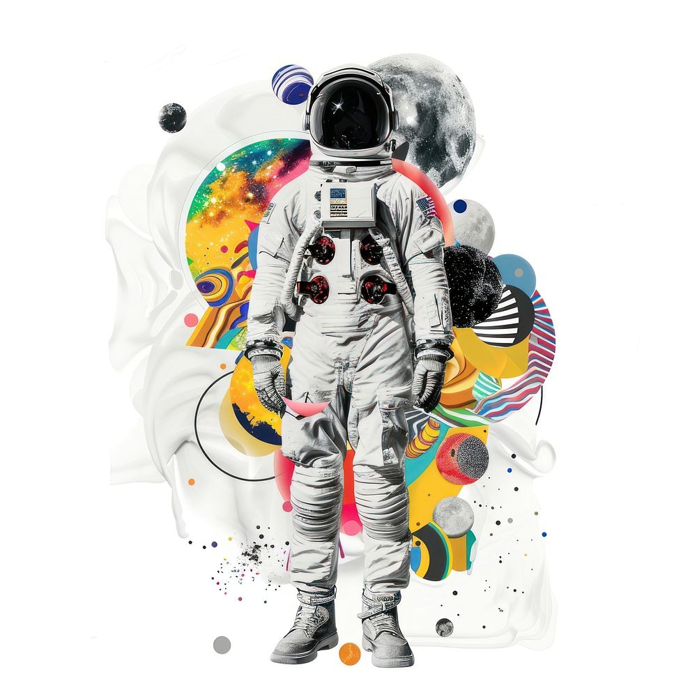 Paper collage of astronaut art white background futuristic.