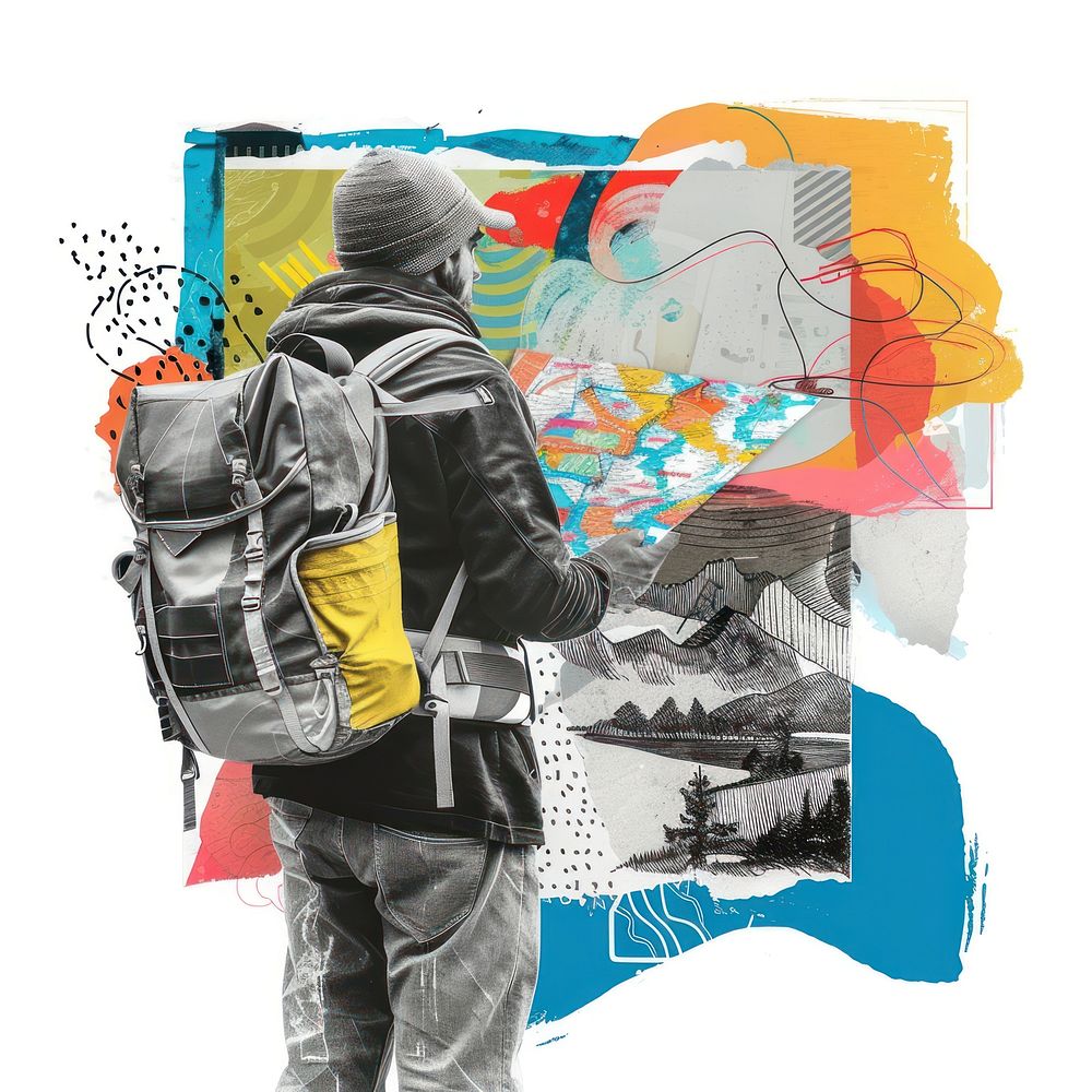 Backpacker holding map art collage adult.