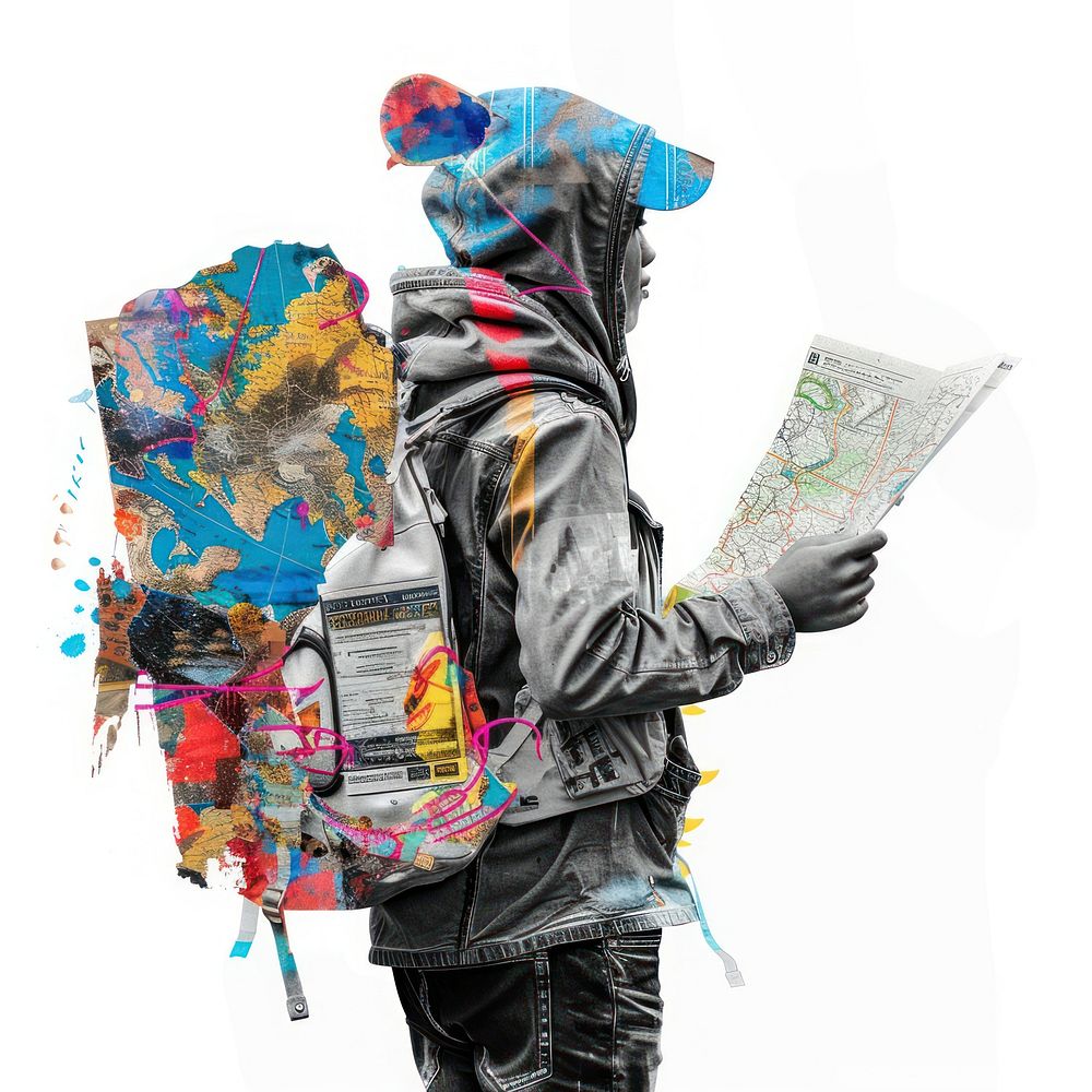 Backpacker holding map art collage paper.