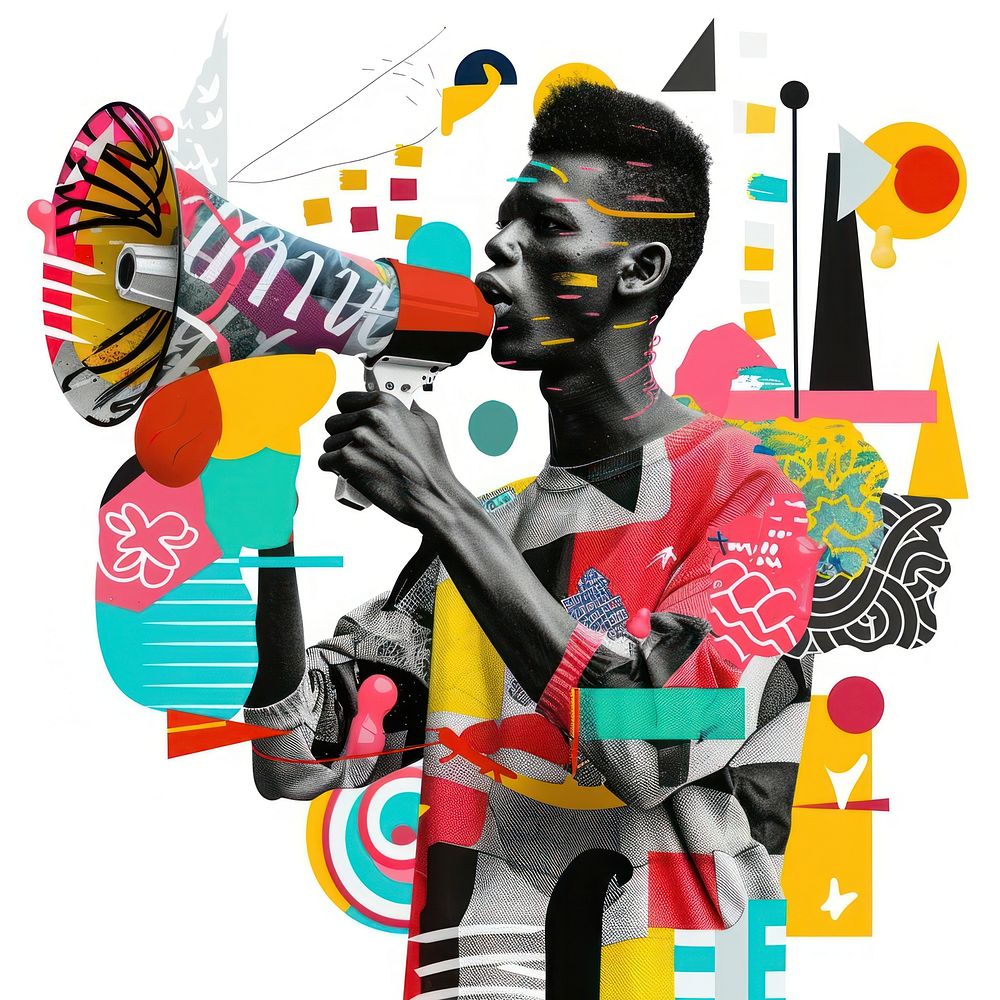 Black man holding megaphone collage art abstract.