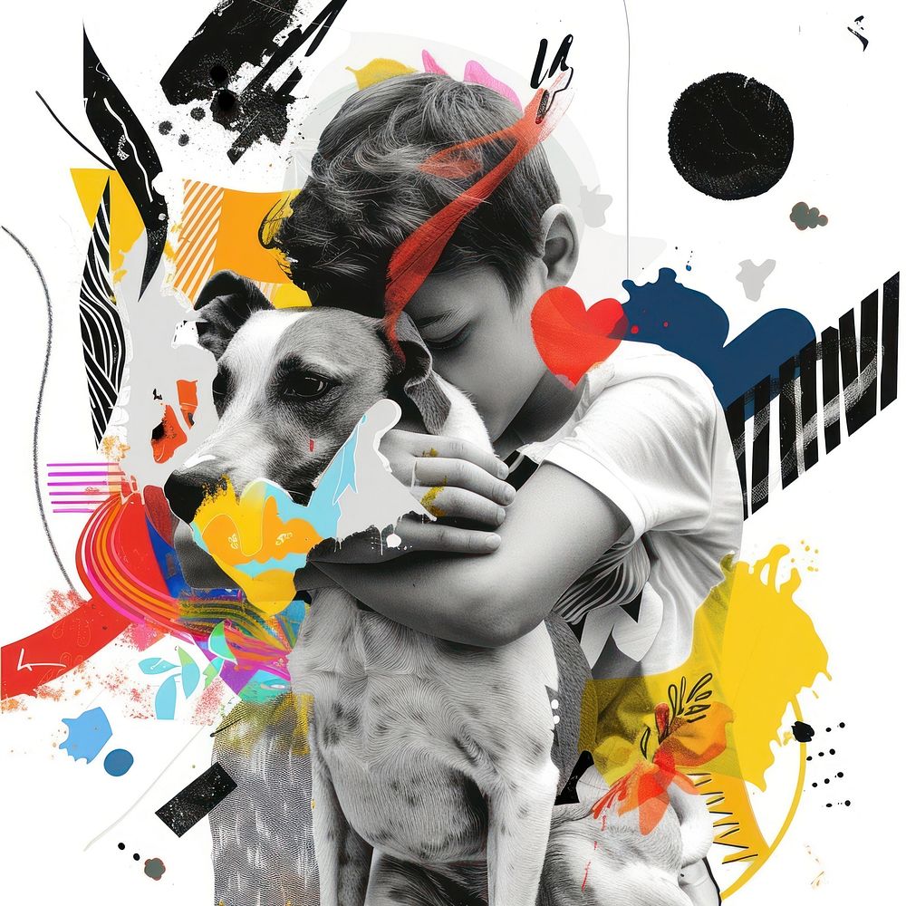 Boy hugging dog collaged art love pet.