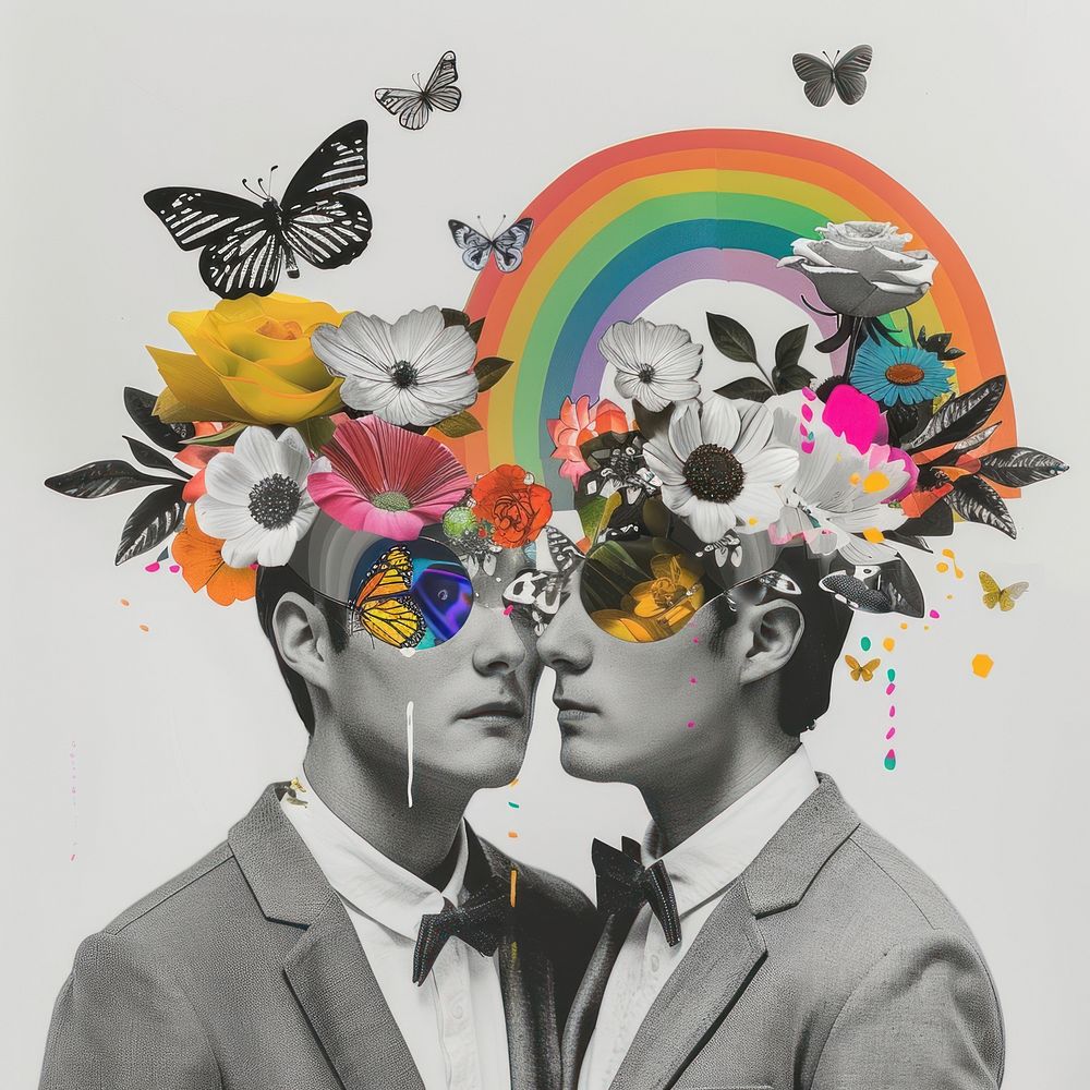 Paper collage of couple gay portrait art painting.