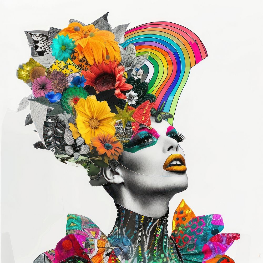 Paper collage of drag queen flower art portrait.
