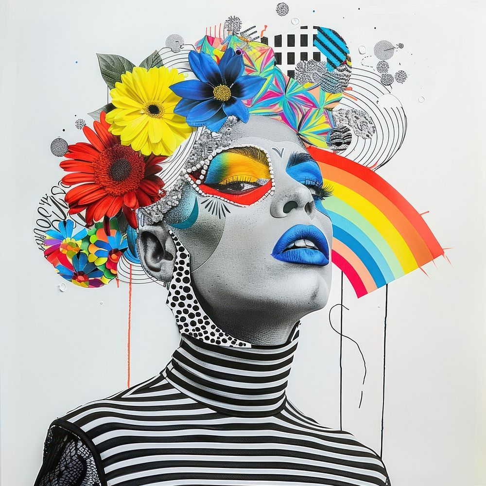 Paper collage of drag queen portrait flower art.