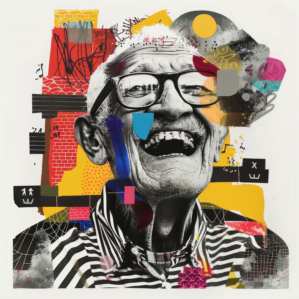 Elderly man laughing collaged art portrait adult.