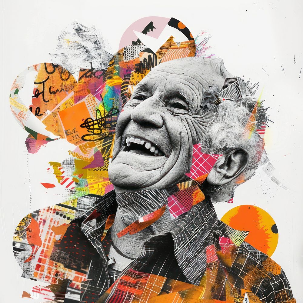 Elderly man laughing collaged art portrait poster.