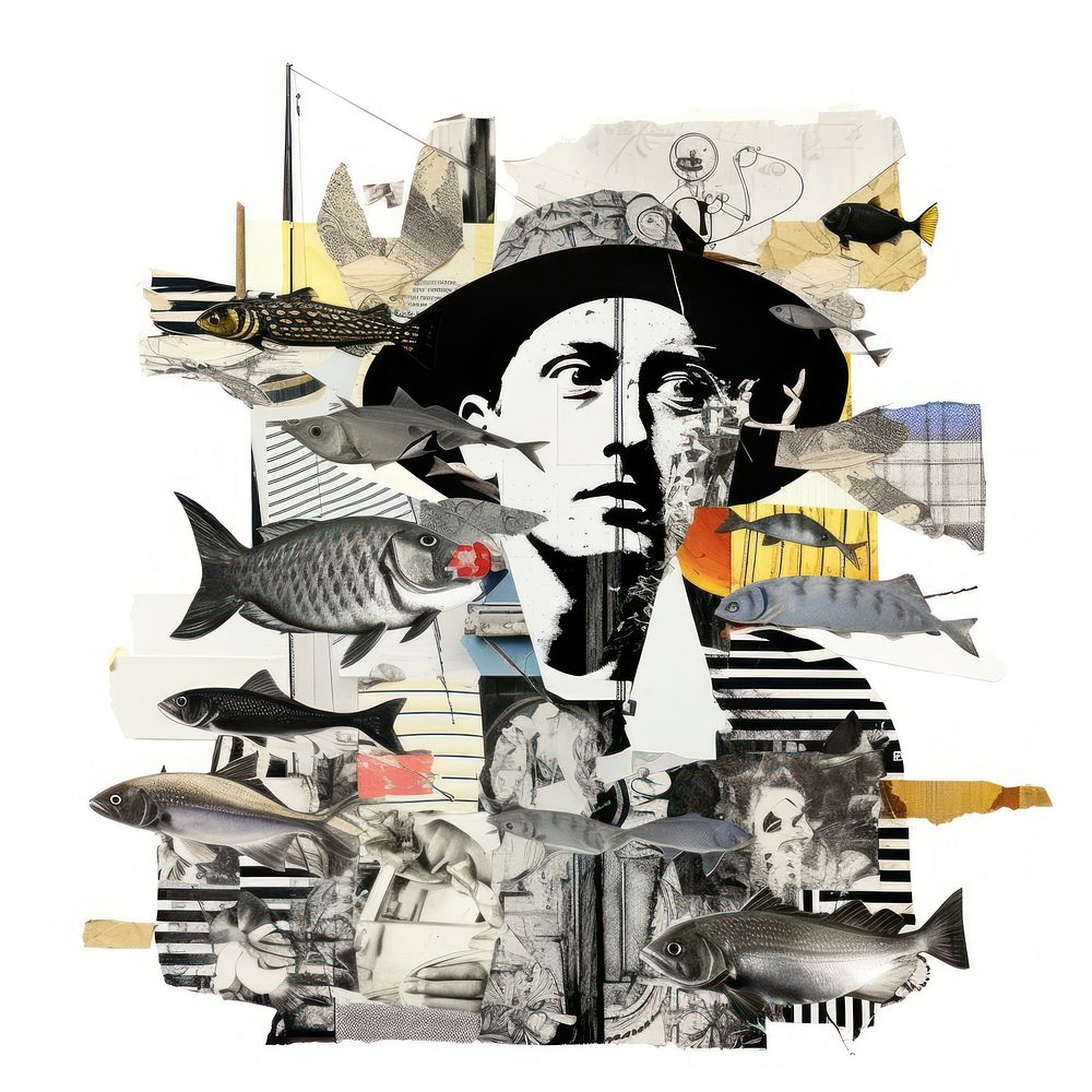 Paper collage of fisherman art portrait painting.