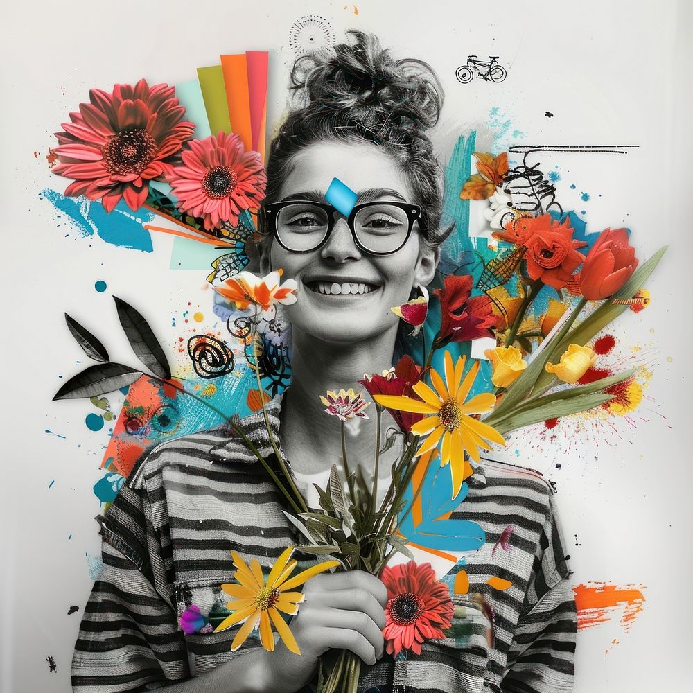 Paper collage of florist with bouquet portrait art painting.