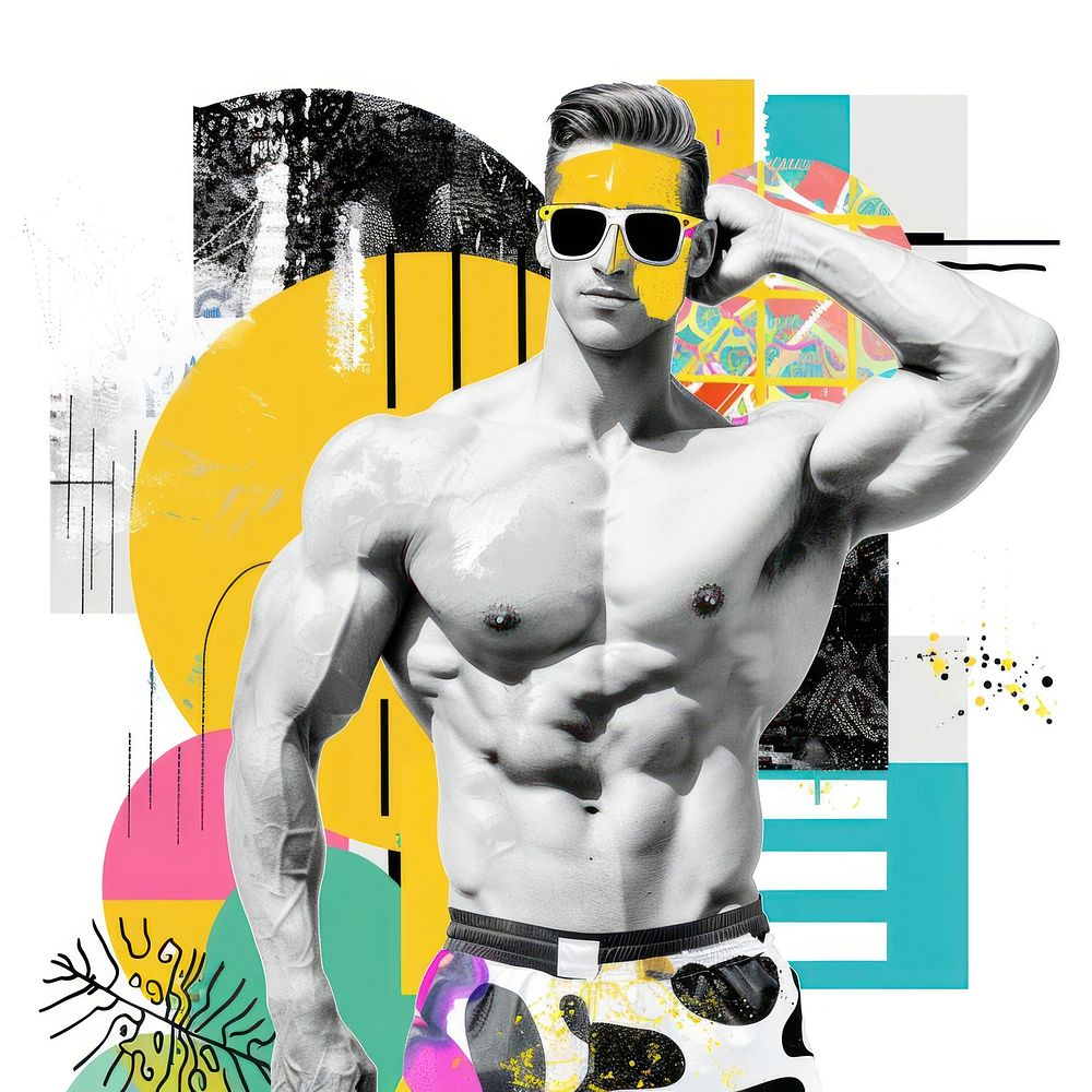 Paper collage of gym portrait adult torso.