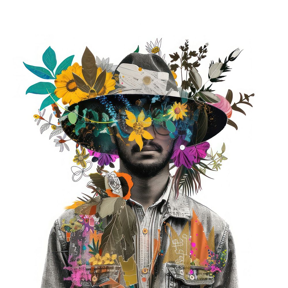 Paper collage of gardener portrait art flower.
