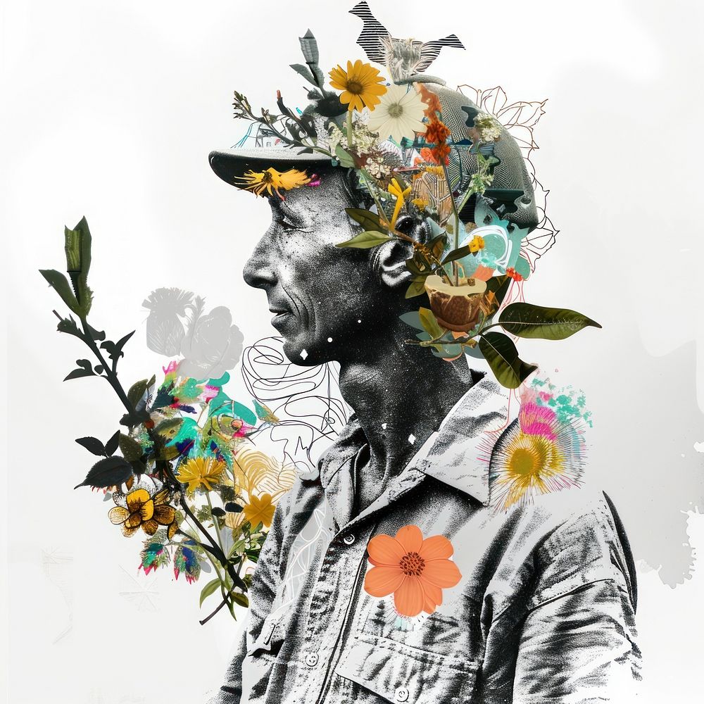 Paper collage of gardener portrait art painting.