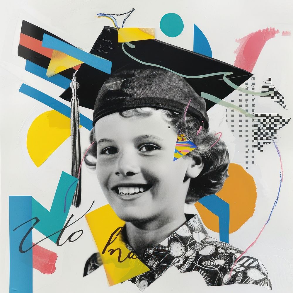Paper collage of graduation kid portrait art smiling.
