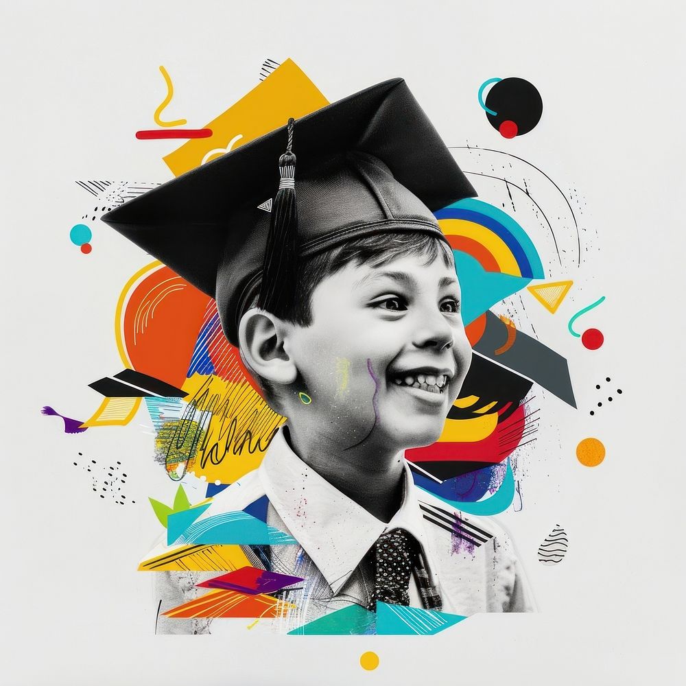 Paper collage of graduation kid portrait art smiling.