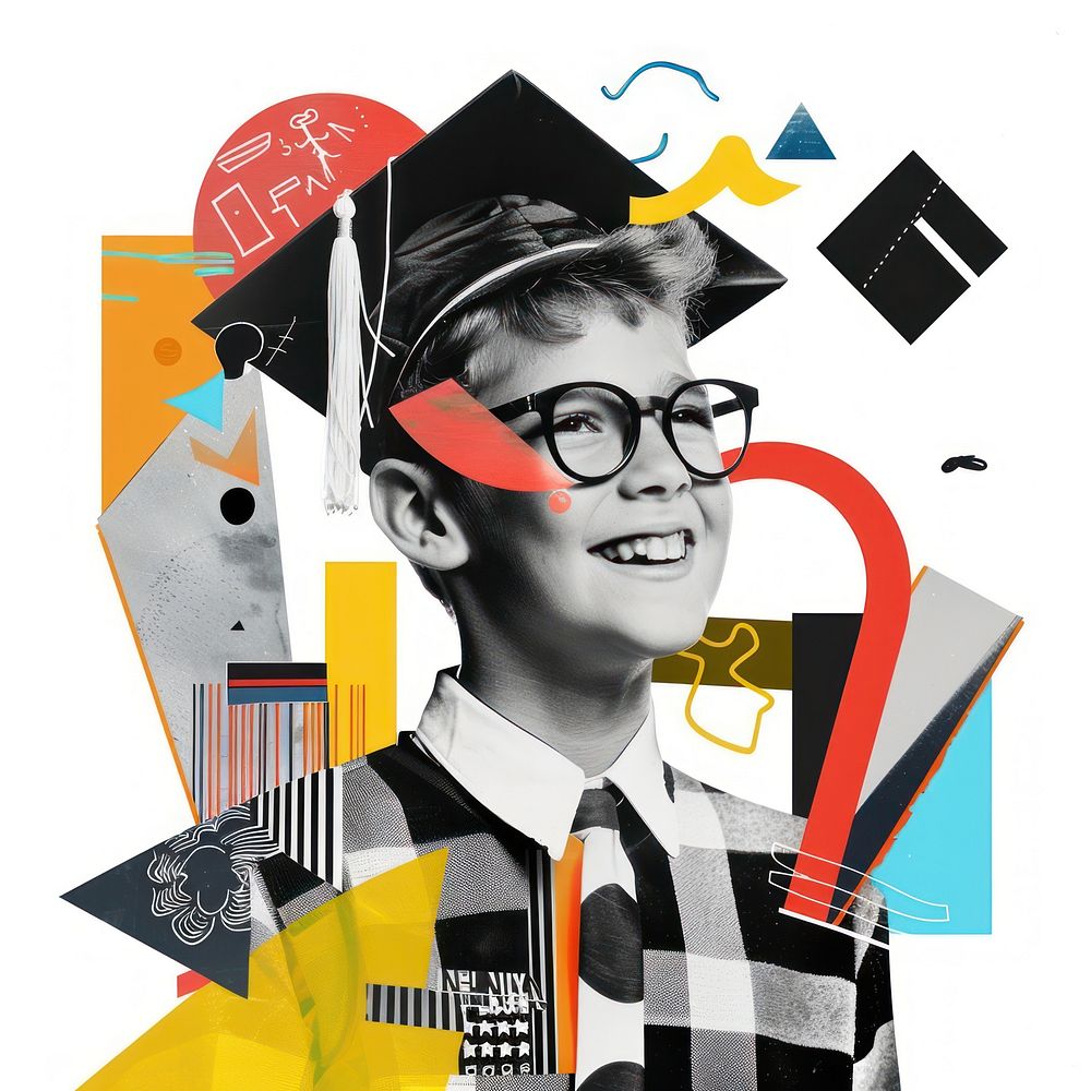 Paper collage of graduation kid art portrait poster.